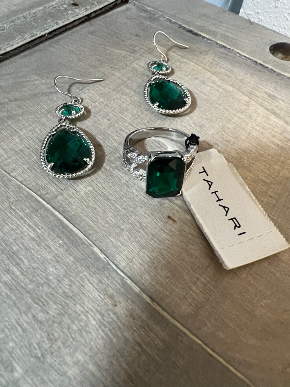 Tahari Silver-Tone Deep Green Faceted Drop Earrings